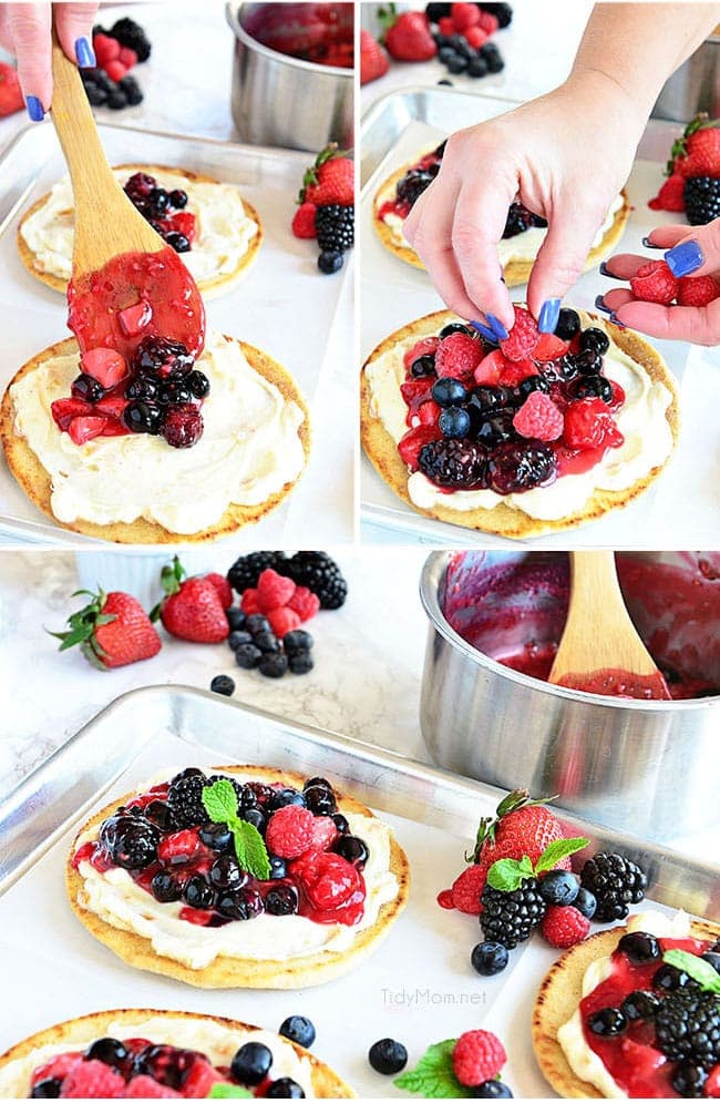 putting berries on fruit pizzas