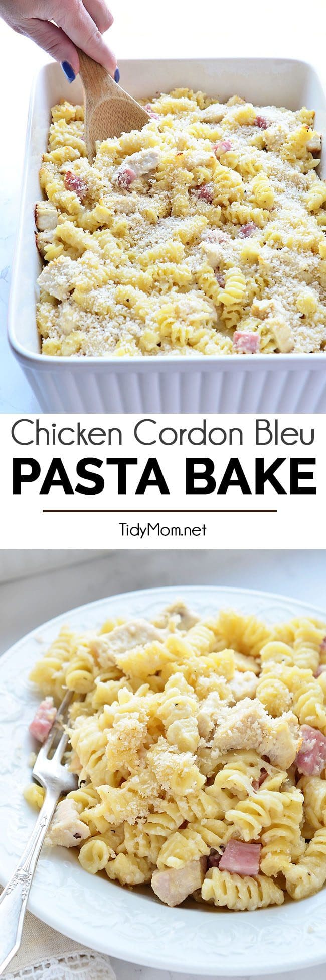 Pasta cremosa, queso suizo derretido, pollo, jamón, todo bajo una cobertura crujiente, hace que esta pasta fácil de Pollo Cordon Bleu se hornee como favorita de la familia. Coge la receta en TidyMom.cifras netas