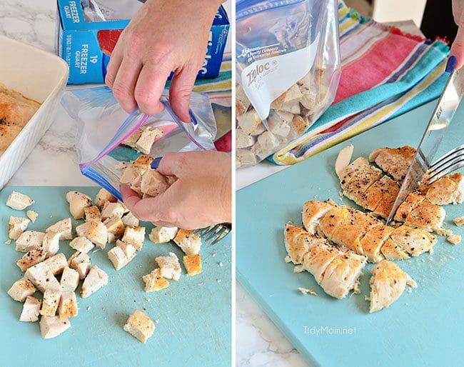 kip koken en hakken en invriezen in zakje met ziploc