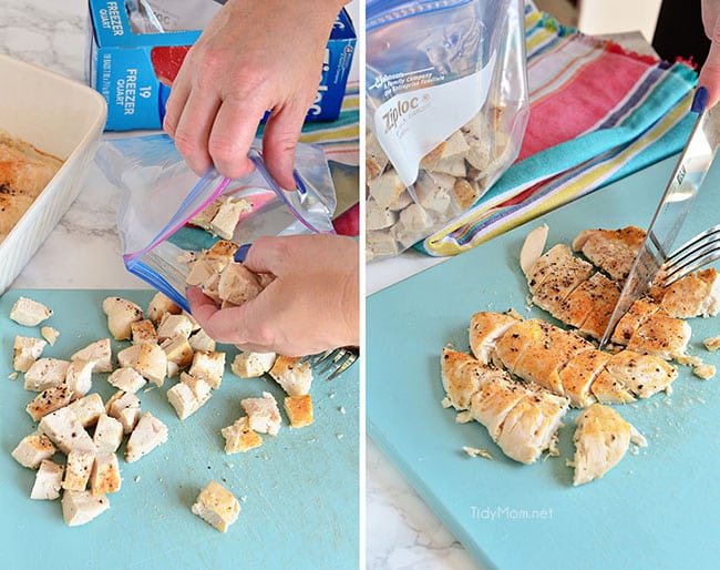 kip koken, hakken en invriezen in ziploc-zak