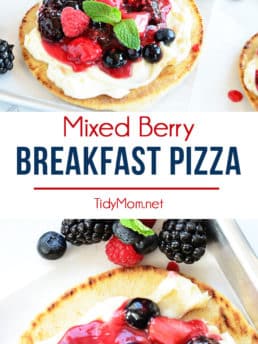 Mixed Berry Breakfast pizza tastes as good as it looks! It's impossible to resist the toasted pita crust, rich orange cream cheese layer and glossy berry topping. It's so convenient to prepare the night before and serve the next morning, or any time of day! Full recipe at TidyMom.net