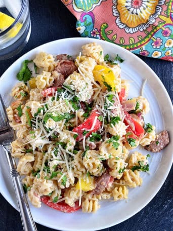 Easy Creamy Cajun Pasta with Smoked Sausage recipe at TidyMom.net