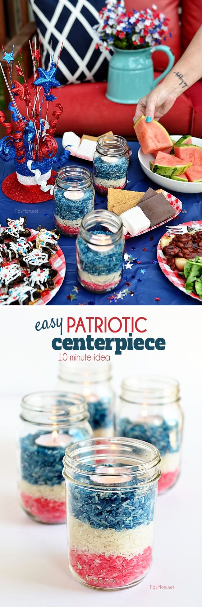 Easy Ten Minute Idea: Patriotic Colored Rice Jar Candle centerpiece at TidyMom.net