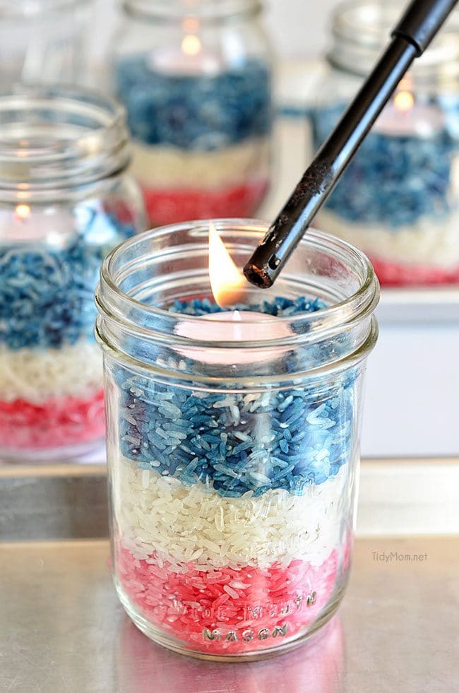 Patriotic Colored Rice Jars Candle centerpiece at TidyMom.net