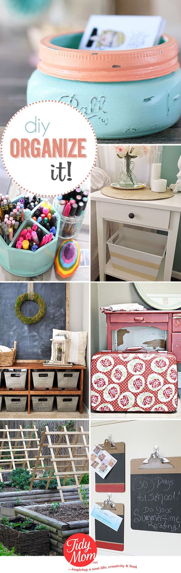 I think most of us will agree, and organized life is a happy life. Good organization can make or break a space. Here are some clever, easy and space saving DIY organization ideas t for you to create a space that works for you, not against you. Details at TidyMom.net