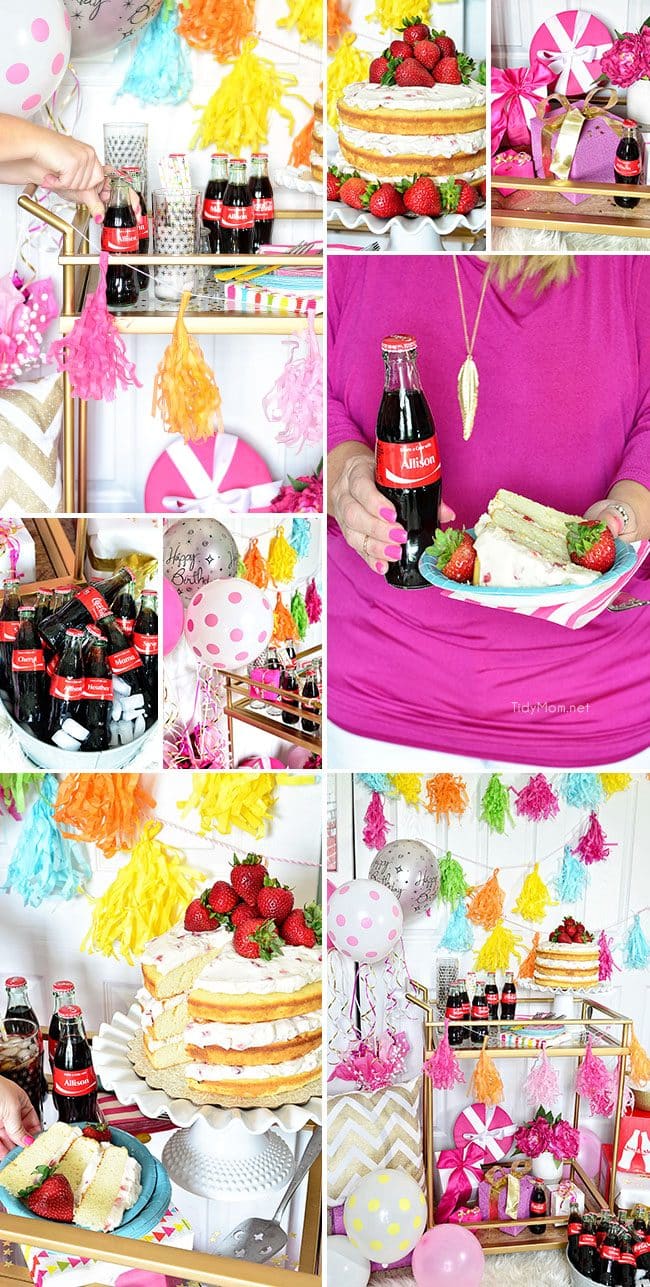 Fun Birthday Party Cart. Strawberries and Cream Naked Cake and personalized Coke bottles. recipe at TidyMom.net #ShareaCoke