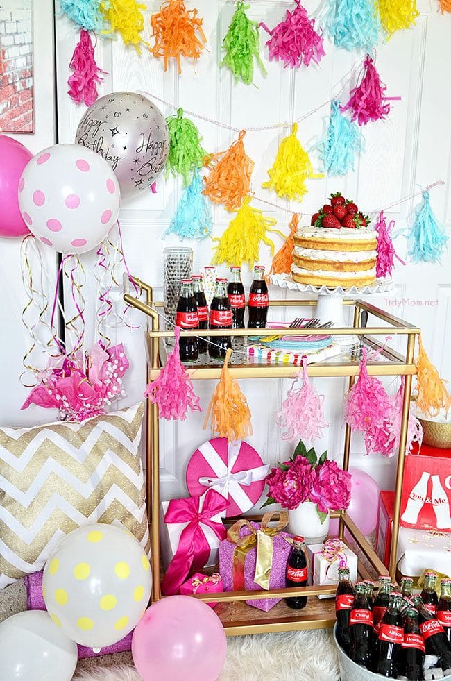 Birthday Party Cart. Naked Strawberry and Cream Cake and personalized Coke bottles. recipe at TidyMom.net #ShareaCoke