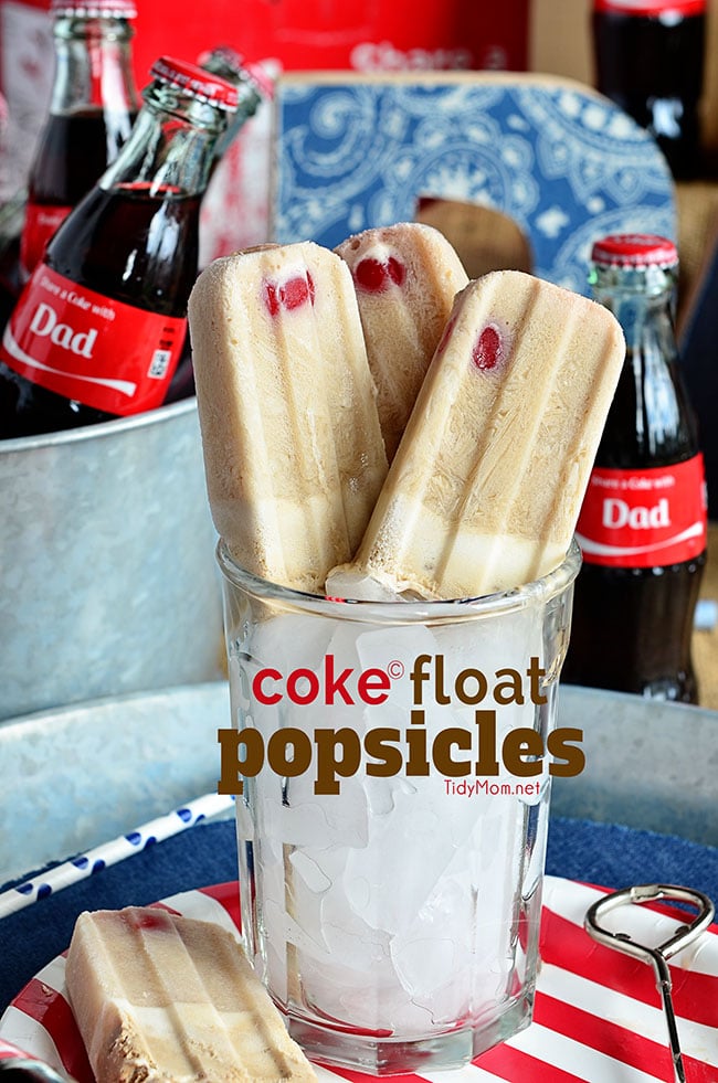 Coke Float Popsicles. Ice cold Coca-Cola with vanilla ice cream and a cherry on top all frozen together for one delicious treat! at Tidymom.net #shareacoke