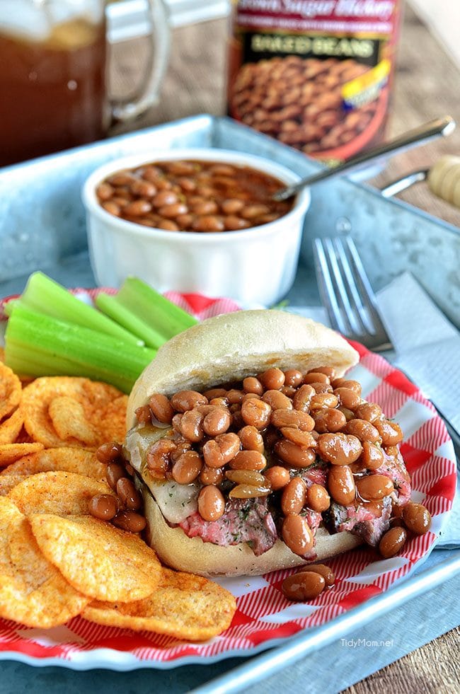 Garlic and Dill Flank Steak Sliders served along side Brown Sugar Hickory Baked Beans 