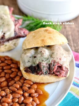 Garlic and Dill Flank Steak Sliders served along side Bush's Brown Sugar Hickory Baked Beans