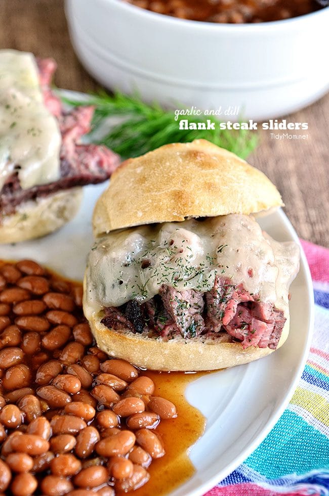 Grilled Garlic and Dill Flank Steak Sliders served along side baked beans 