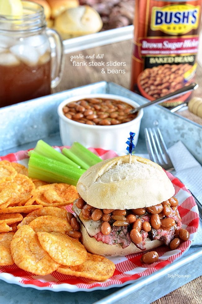 Garlic and Dill Flank Steak Sliders served along side Bush's Brown Sugar Hickory Baked Beans 