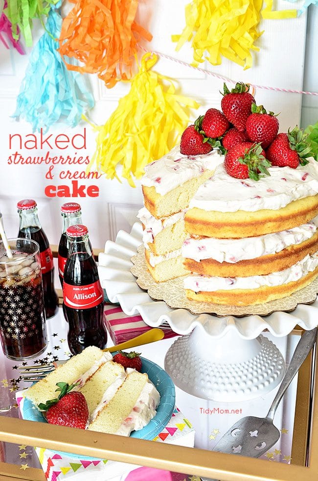 Homemade Strawberries and Cream Naked Cake. 3 delicious layers of homemade pound cake, with fresh strawberries and a dreamy vanilla whipped cream cream cheese frosting. recipe at TidyMom.net #shareacoke