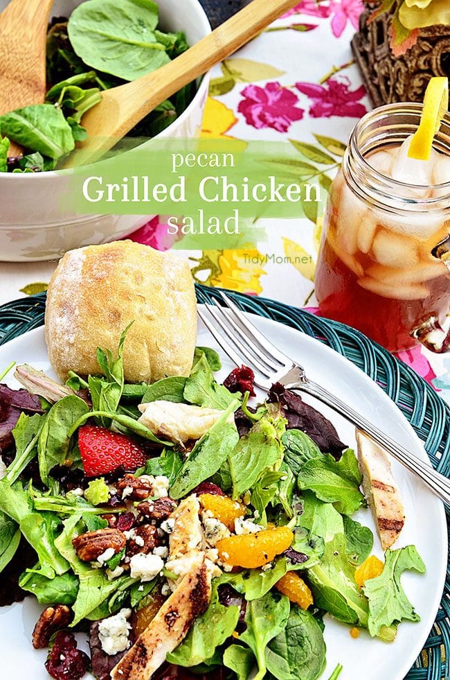 ecan Grilled Chicken Salad with a dinner roll