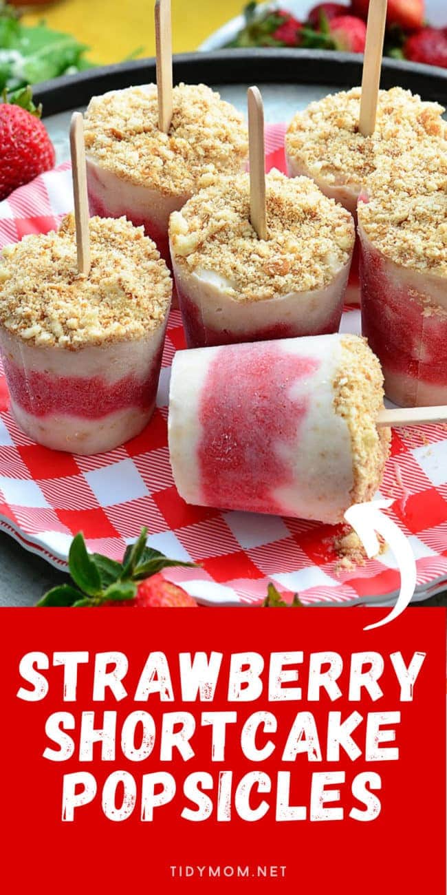 strawberry shortcake yogurt pops on a red checked plate