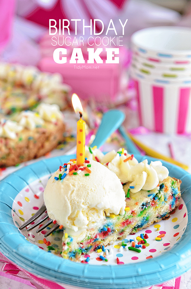 BIRTHDAY SUGAR COOKIE CAKE full of sprinkles with a scoop of ice cream and a candle