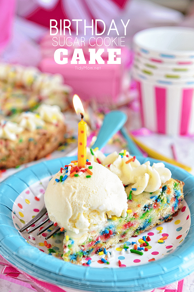 Do you love sprinkles in your birthday cake? This BIRTHDAY SUGAR COOKIE CAKE full of sprinkles! Funfetti lovers are going to flip for this homemade cookie cake. recipe at TidyMom.net