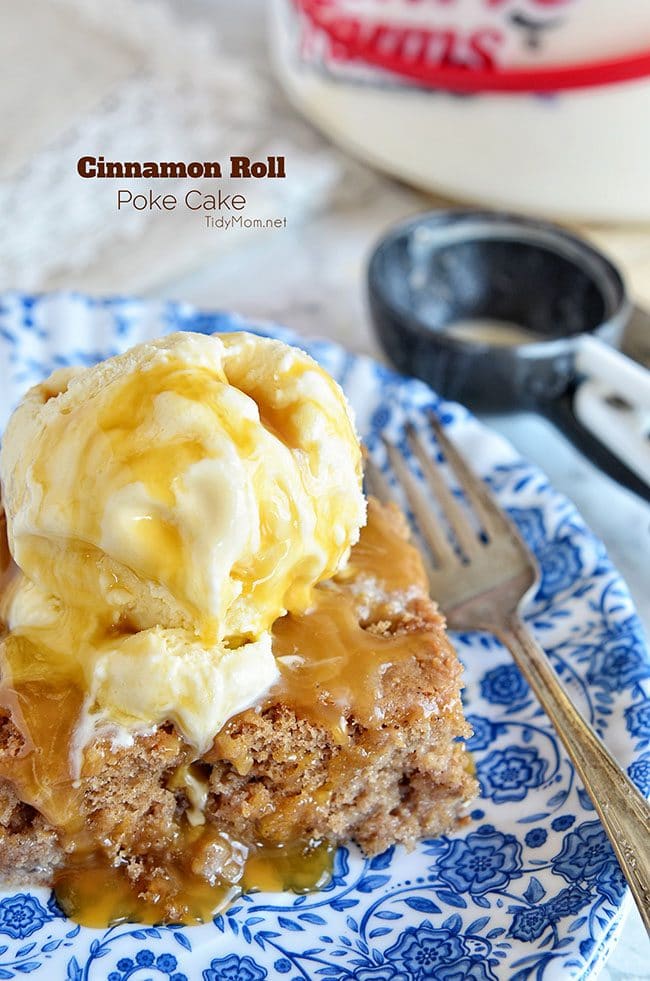 Easy Cinnamon Roll Poke Cake on a blue floral plate