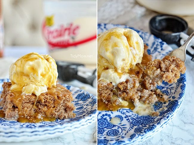 Easy Cinnamon Roll Poke Cake on a blue floral plate with ice cream