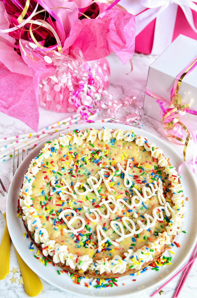 Happy Birthday cookie cake with sprinkles