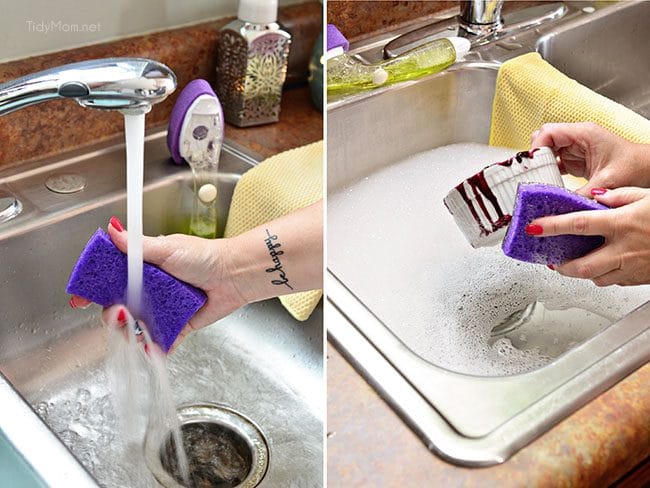 cleaning dishes with Scotch-Brite Extreme Scrub Sponge - TidyMom.net