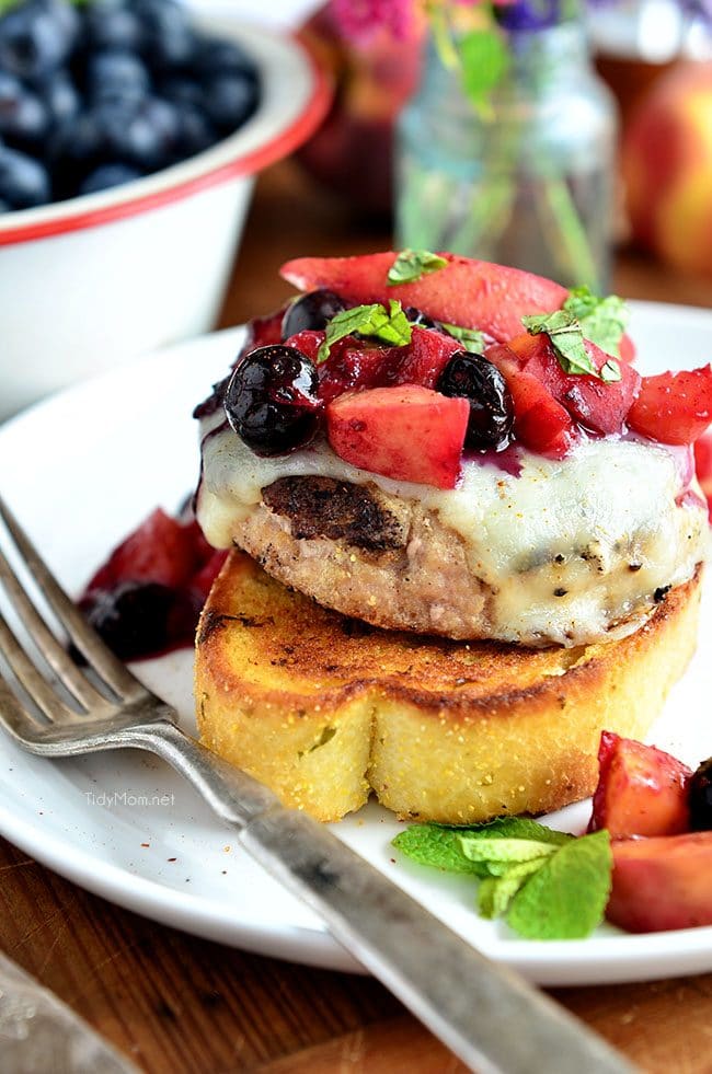 Grilled Turkey Cheese Burger with Peaches and Blueberries recipe at TidyMom.net