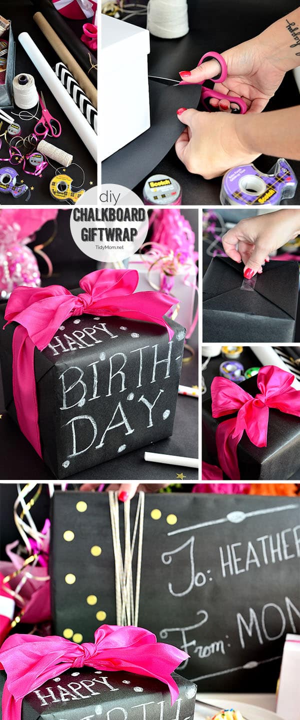 Such a fun inexpensive idea for gifting!!  DIY Chalkboard Gift Wrap with Scotch Brand Wrapping Tape and TidyMom.net