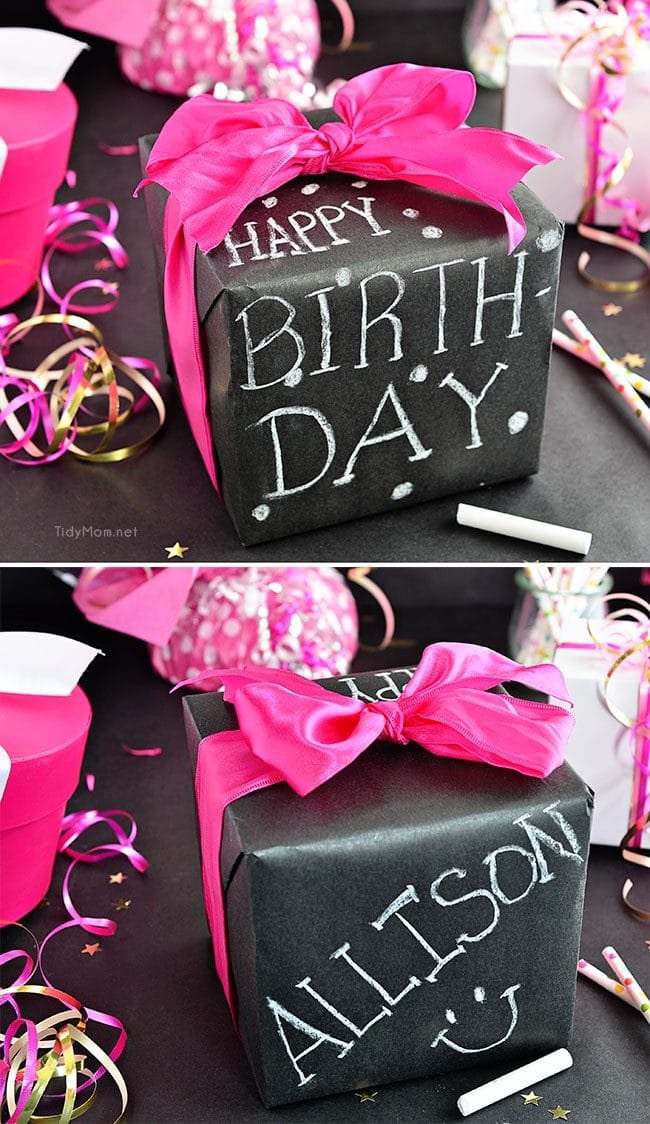 Such a fun inexpensive idea for gifting!! DIY Chalkboard Gift Wrap with Scotch Brand Wrapping Tape and TidyMom.net