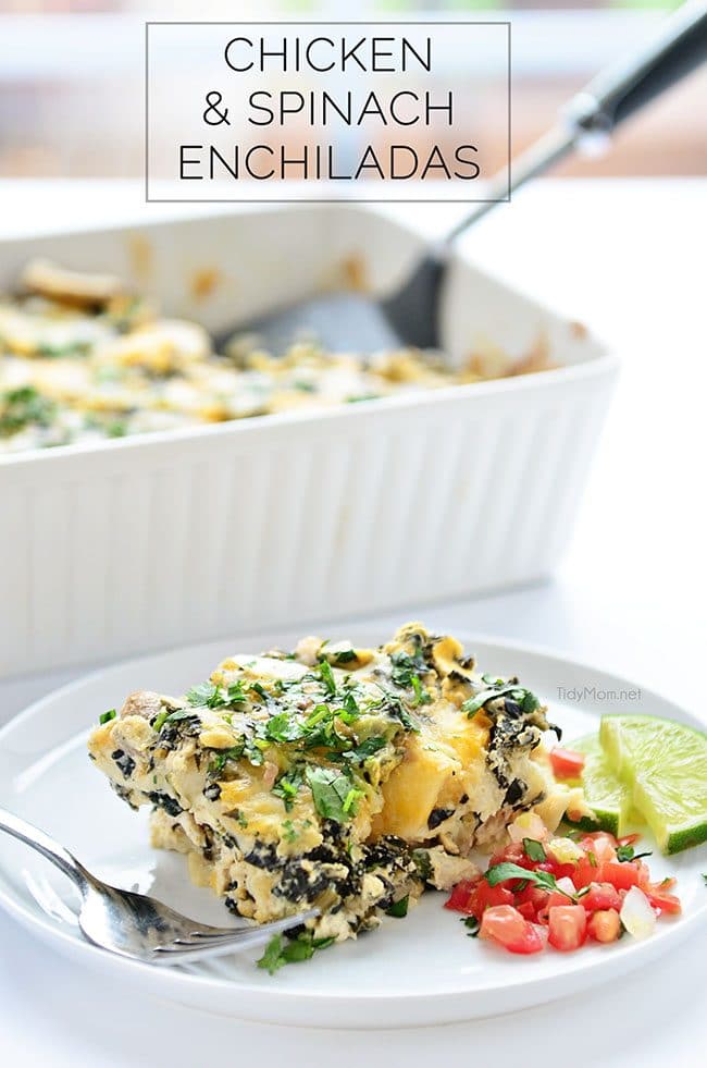Family Favorite Chicken and Spinach Enchiladas casserole on a white plate