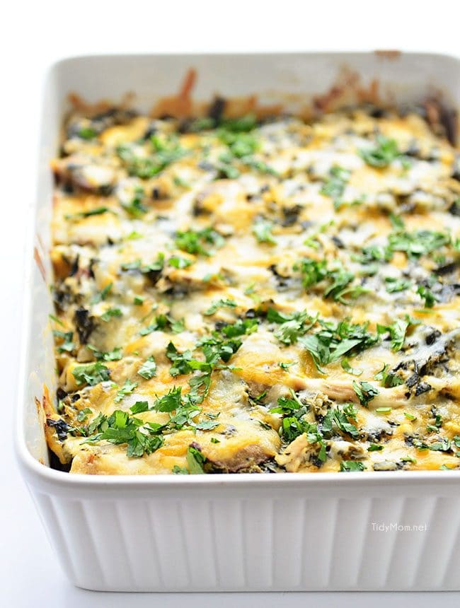 Chicken and Spinach Enchilada Casserole is a family favorite. Get the super easy recipe at TidyMom.net