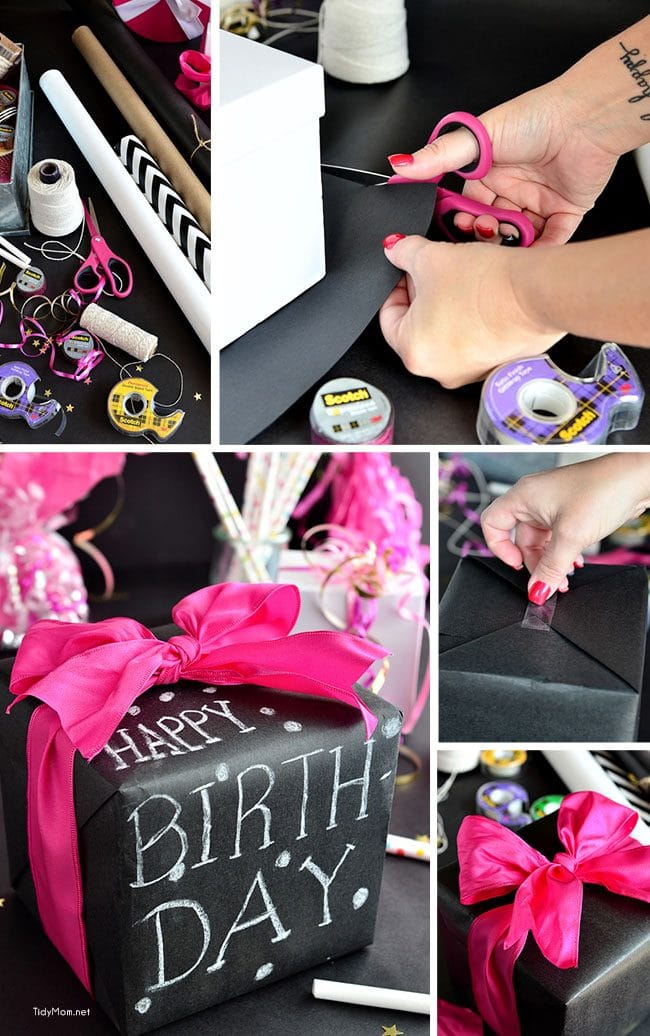 Such a fun inexpensive idea for gifting!!  DIY Chalkboard Gift Wrap with Scotch Brand Wrapping Tape and TidyMom.net