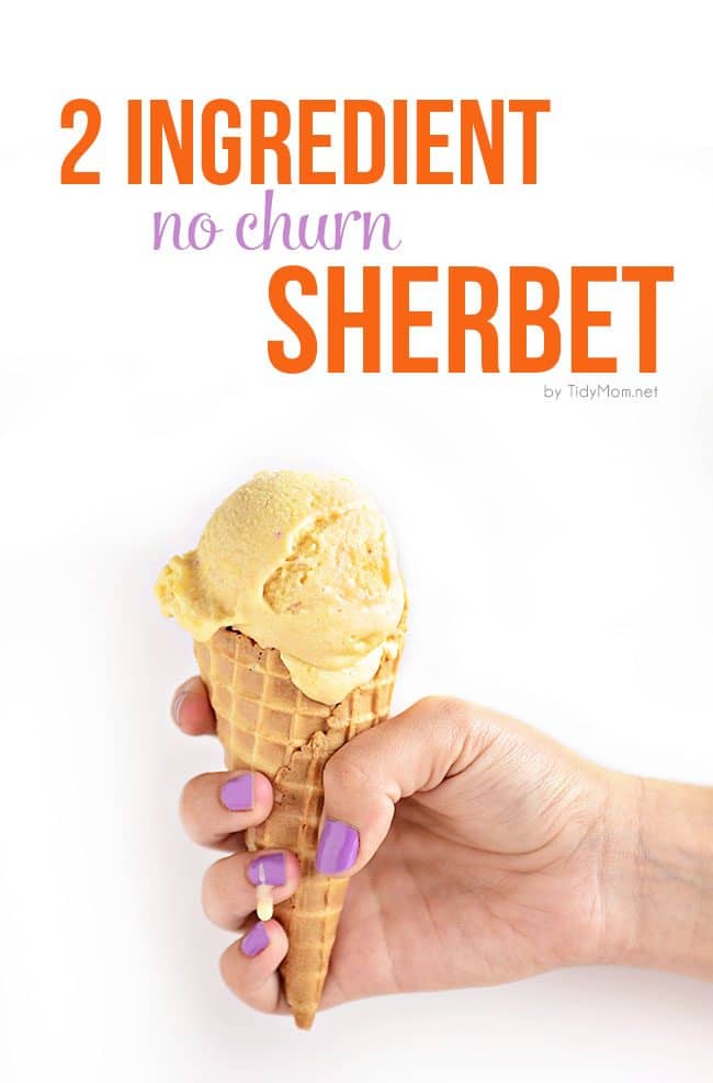 This frozen treat is so easy to make, no churning, no machine and if you like soft serve, it’s ready to eat in 2 minutes! 2 Ingredient Peach Sherbet recipe at TidyMom.net Make other varieties by using your favorite fruits!