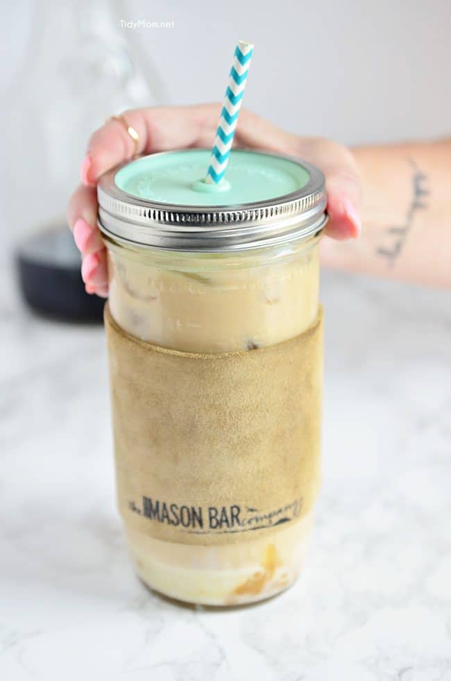Don’t pay coffee shop prices! Salted Caramel Iced Coffee recipe at TidyMom.net