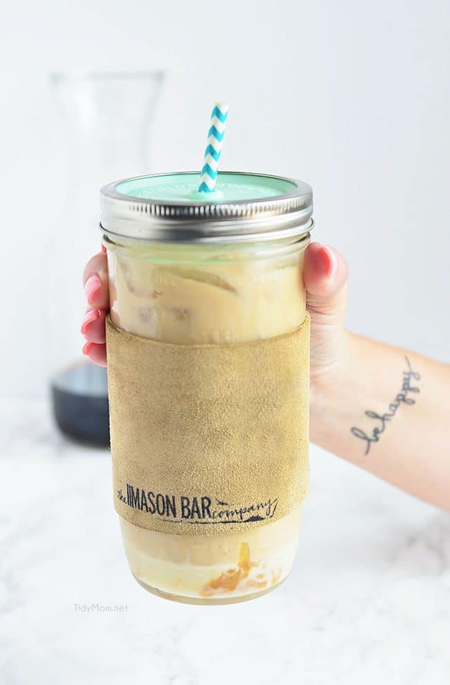 Don’t pay coffee shop prices! Salted Caramel Iced Coffee recipe at TidyMom.net