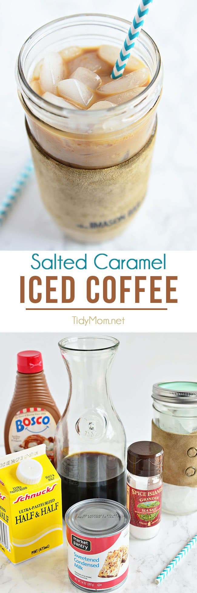 Salted Caramel Iced Coffee at home is so easy! Way cheaper than the coffee shop and every bit as delicious! recipe at TidyMom.net