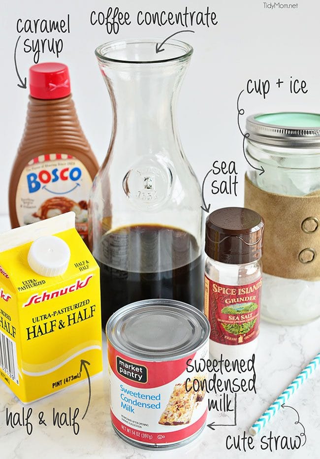 How to make Salated Caramel Iced Coffee at home! Cheaper than a coffee shop and every bit as delicious! recipe at TidyMom.net