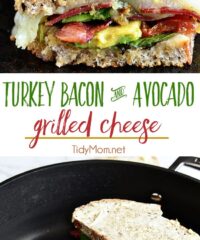 Turkey Bacon and Avocado Grilled Cheese sandwich loaded with fresh basil, tomatoes and mozzarella cheese on a hearty artisan bread.