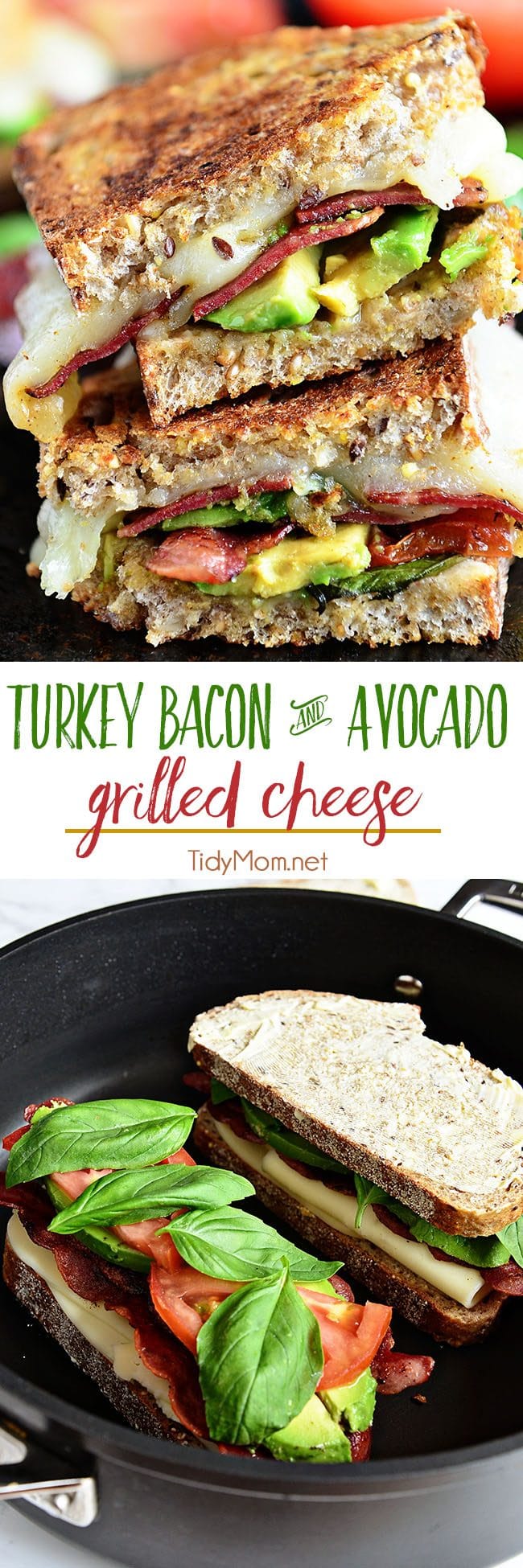 Turkey Bacon and Avocado Grilled Cheese sandwich loaded with fresh basil, tomatoes and mozzarella cheese on a hearty artisan bread. 