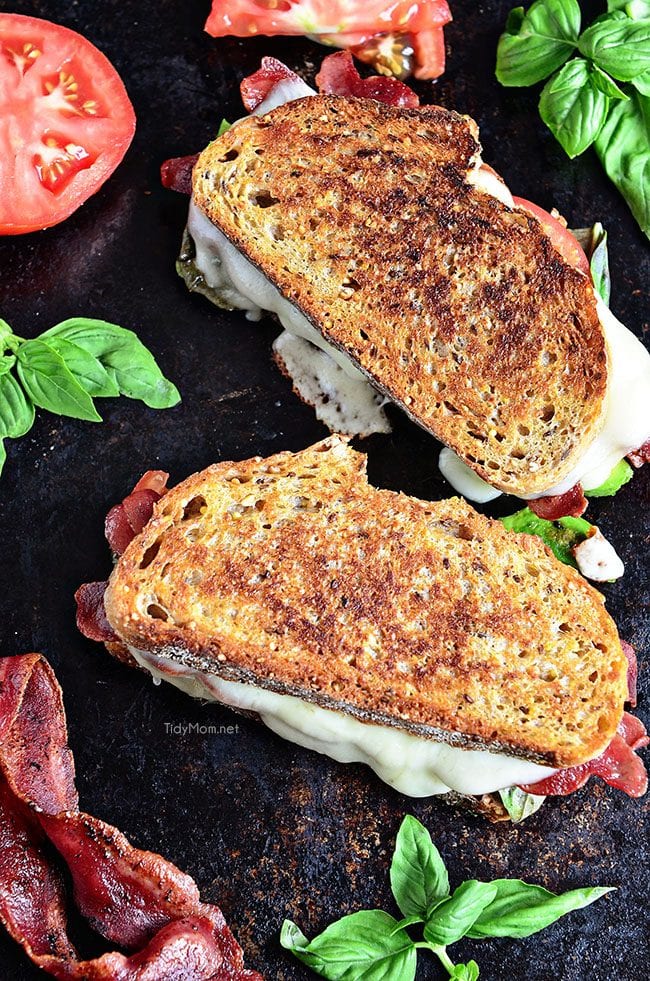 Turkey Bacon and Avocado Grilled Cheese sandwich loaded with fresh basil, tomatoes and mozzarella cheese on a hearty artisan bread. Recipe at TidyMom.net