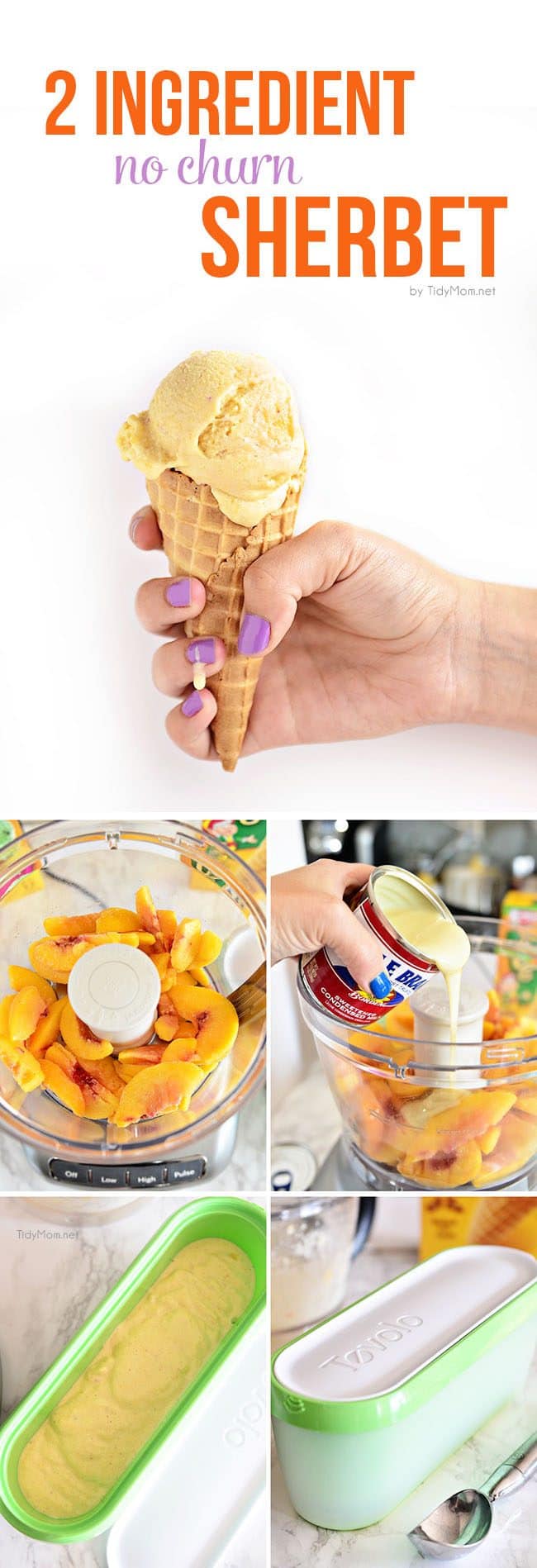 This creamy frozen treat is so easy to make, no churning, no machine and if you like soft serve, it’s ready to eat in 2 minutes!! 2 Ingredient Peach Sherbet recipe at TidyMom.net —— make other varieties by using your favorite fruits!