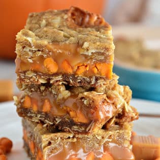 Pumpkin Spice Carmelitas stacked with 3 bars