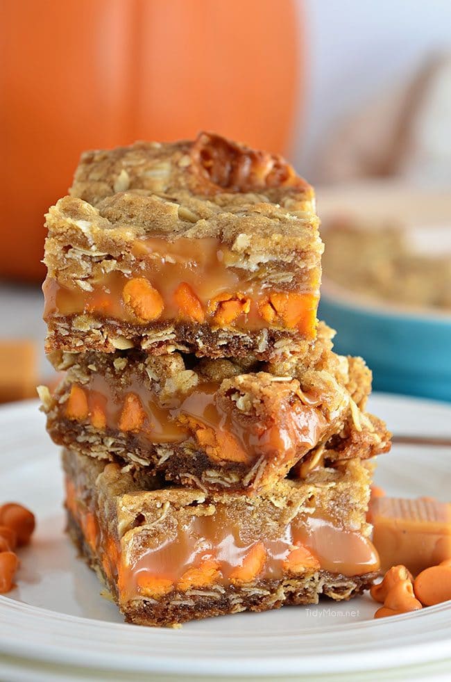 stack of three Pumpkin Spice Carmelita Bars 