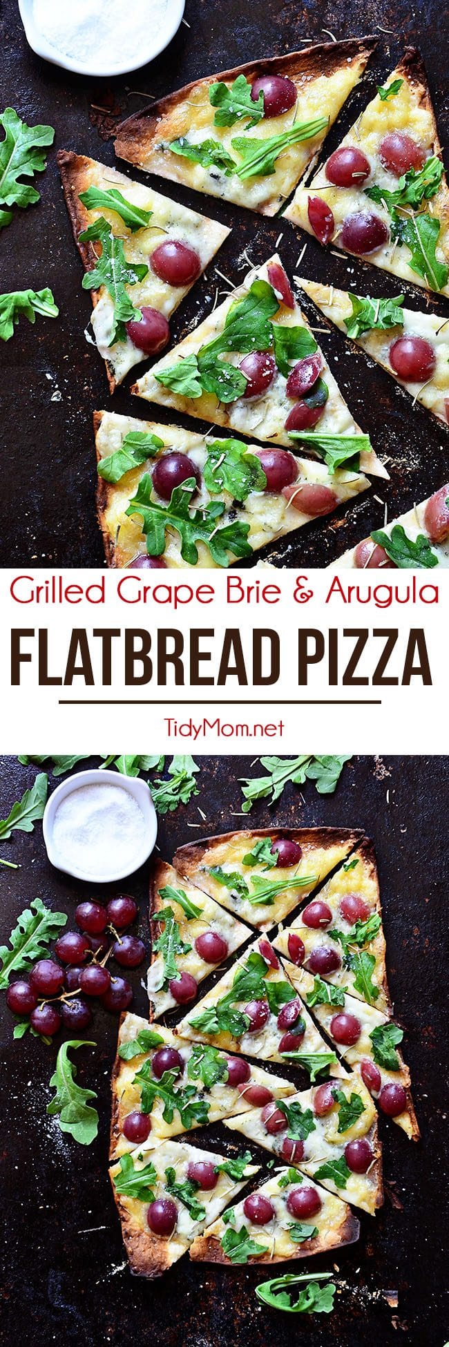Grilled Grape Brie and Arugula Flatbread Pizza recipe at TidyMom.net