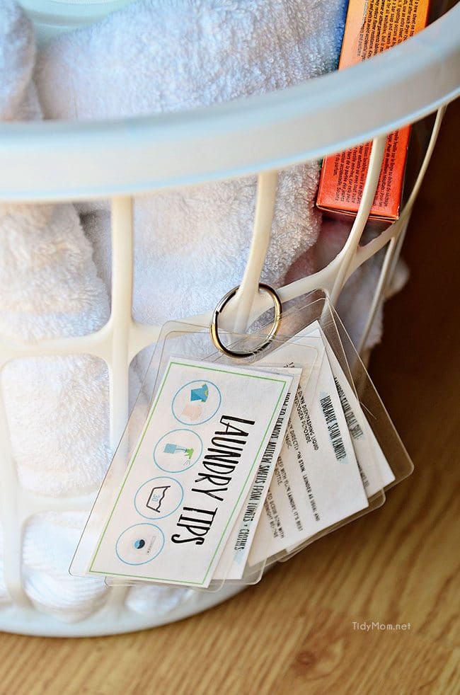 Keep these handy laminated laundry tips at your fingertips. Download and print for free, keep on a ring to hang on basket or on a hook in laundry room. Use Scotch Self-Seal Laminating pouches and Free Printable Laundry Tips at TidyMom.net
