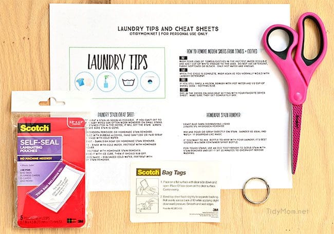Laundry Tips and Cheat Sheets using Scotch Self-Seal Laminating pouches. Free Printable Laundry Tips at TidyMom.net