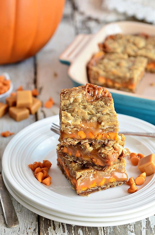 3 Pumpkin Spice Carmelita bars on a plate