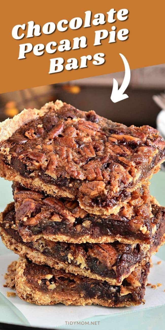 a stack of chocolate pecan pie bars