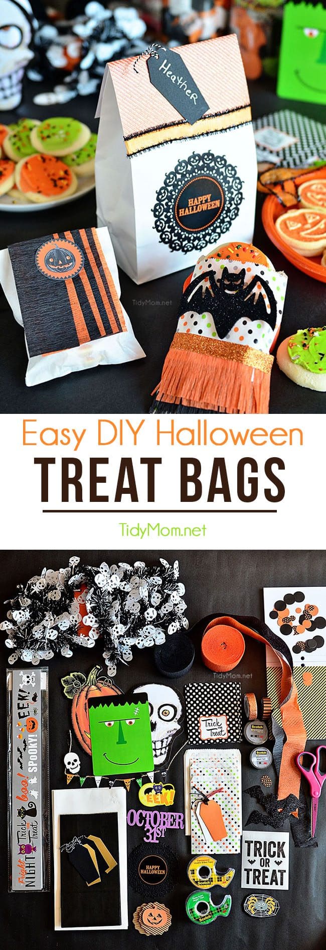 DIY Halloween Treat Bags. Perfect for cookies, candy or halloween favors to pass out to trick-or-treaters or Halloween party guests. Details on how to make 3 different Halloween treat bags at TidyMom.net