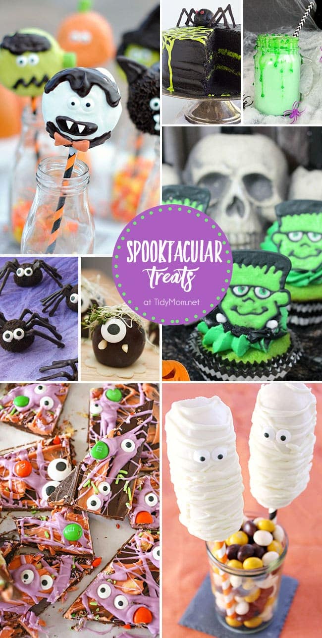 Throw a ghoulishly-good Halloween party with cute, creepy and frightfully fun Spooktacular Treats. From Frankenstein cupcakes to monster bark, these easy Halloween recipes will be the haunting hit of the party. Details at TidyMom.net