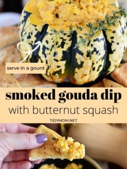 gouda cheese dip in a gourd and bowl